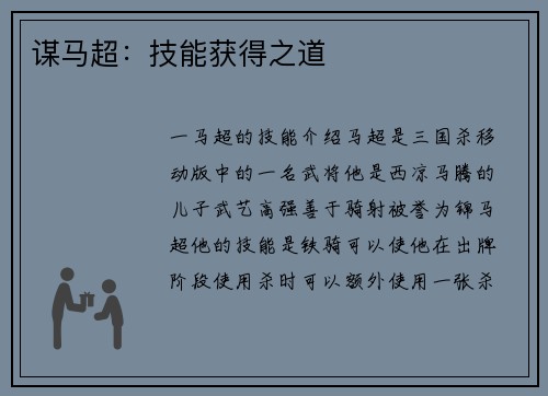 谋马超：技能获得之道